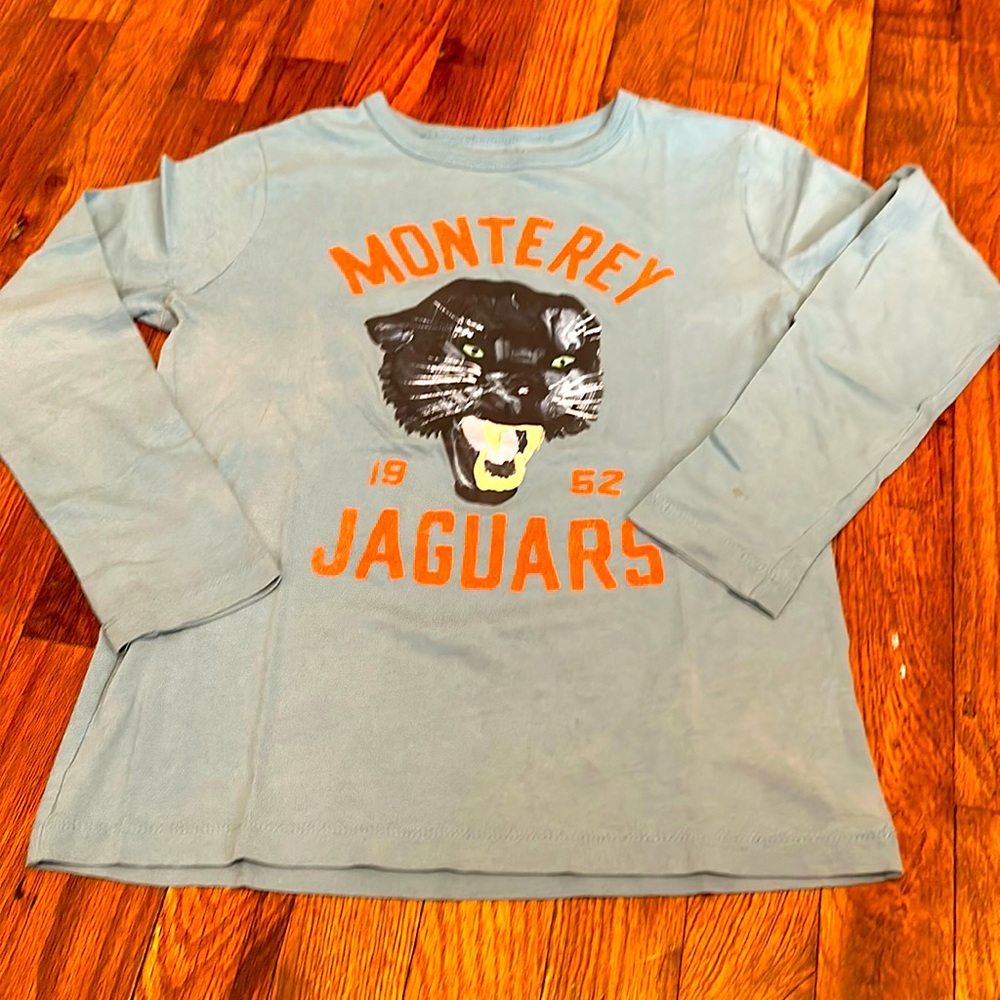 Crewcuts MONTEREY JAGUARS sz8. Color:muted turquoise blue. Print in great shape